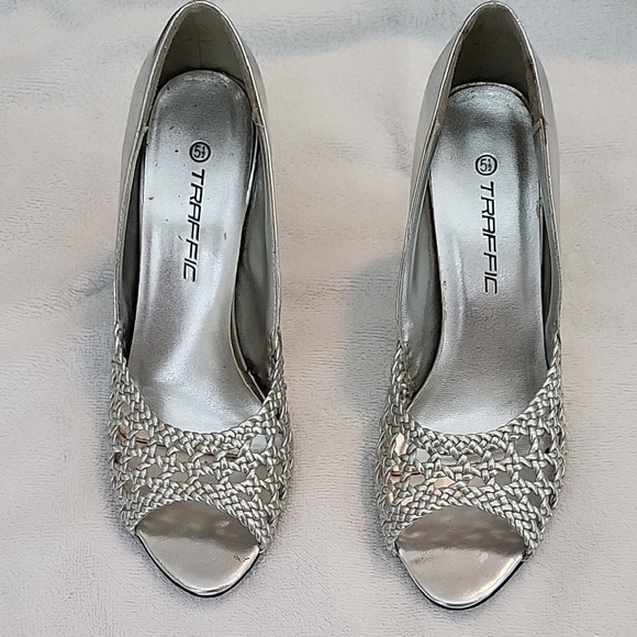 Traffic Shoes - Traffic Silver Satin Peep-Toe Heels